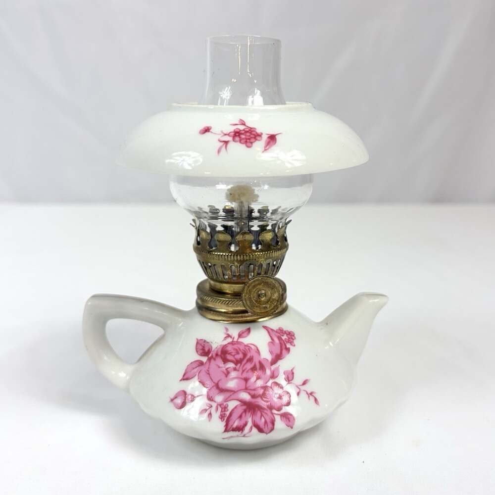 Vintage Mini Miniature Ceramic Oil Teapot Lamp with Chimney Apron Pink Rose